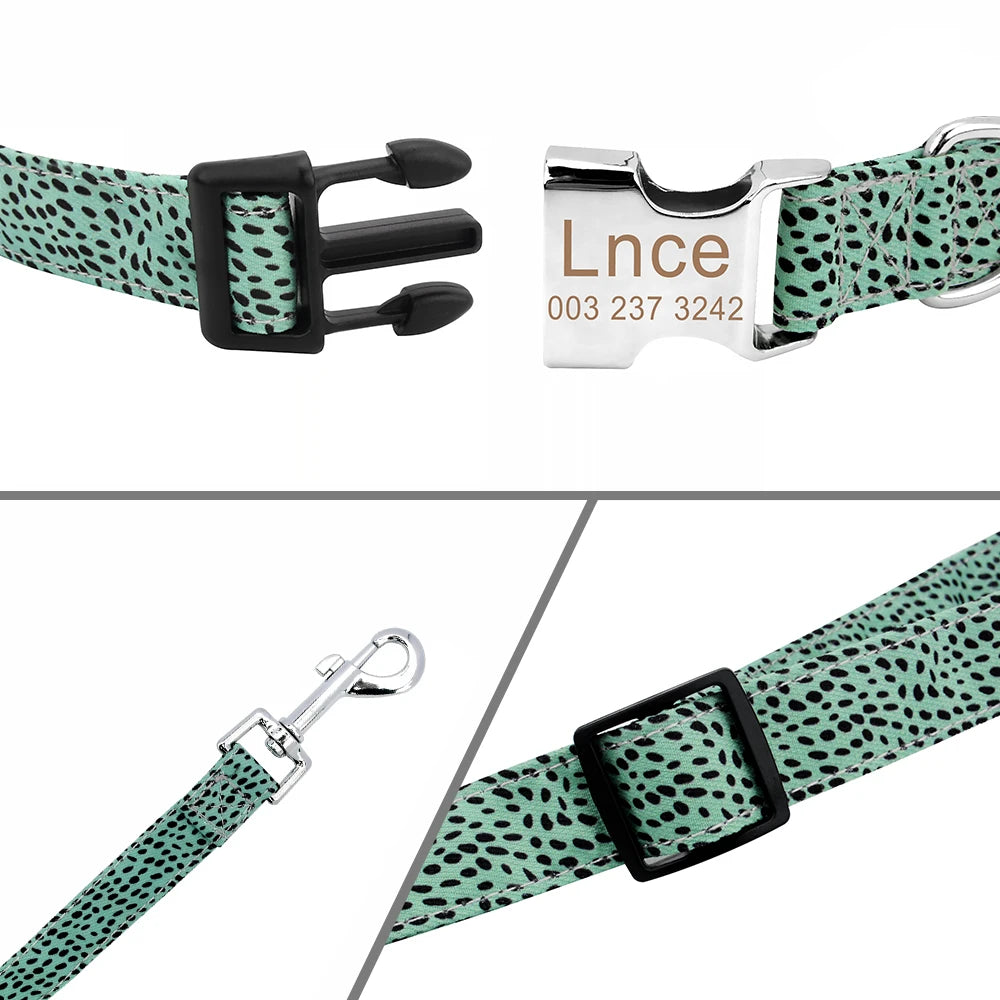Customized Dog Collar - Name Engraved ID Tag - Cheetah Print - 4 Colors